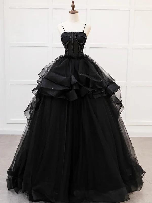 Quinceanera Dress A-Line Tulle Beads Black Long Prom Dress Black Sweet Dress Stylish Maxi Skirt