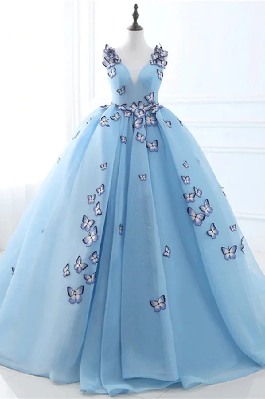 Quinceanera Dress Blue Butterfly Flowers Lace Up Ball Gowns Long Prom Dresses Tulle Maxi Skirt