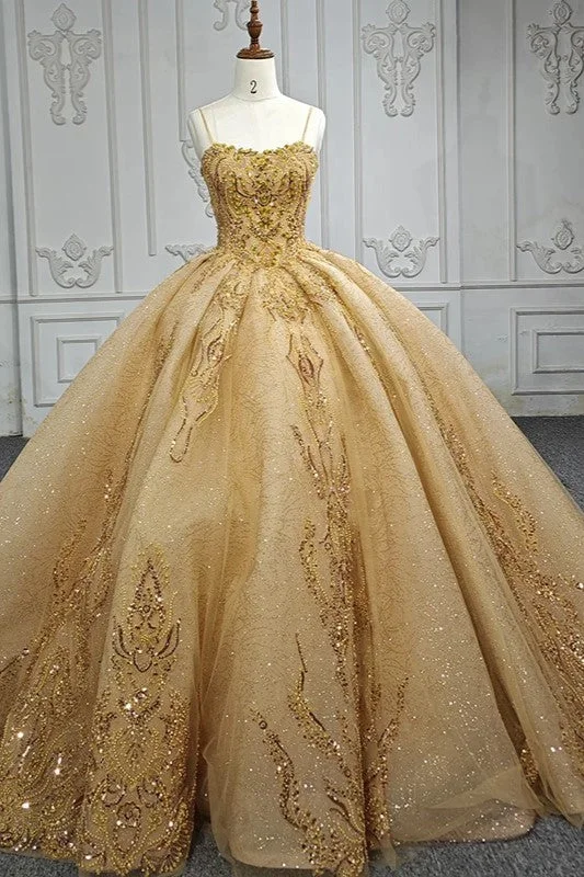 Quinceanera Dress Gold Beading Formal Long Evening Dress Spaghetti Straps Ball Gown A-line Maxi Skirt