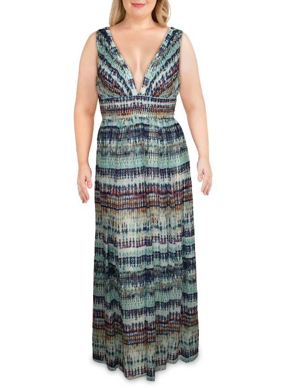 Womens Printed V-Neck Maxi Dress Full Maxi Skirt