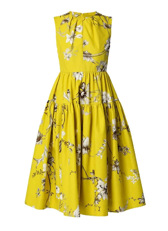 Eleonore Cotton Flare Midi Dress In Chartreuse Printed Midi Skirt