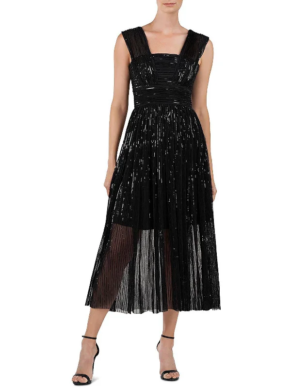 Liana Womens Sequined Pleated Midi Dress A-line Midi Skirt