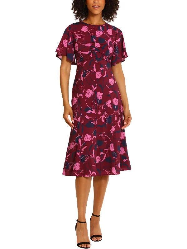 Womens Floral Ruched Midi Dress Midi Skirt Chic