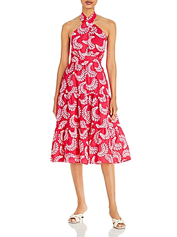 Womens Leaf Print Midi Halter Dress Floral Midi Skirt