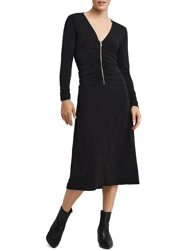 Womens Ruched Zip-Front Midi Dress Tulle A-line Skirt