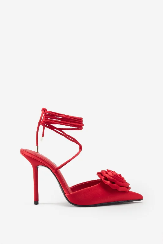 Clearly | Red Satin Lace-Up Stiletto Heels With Flowers Satin Lace Dress