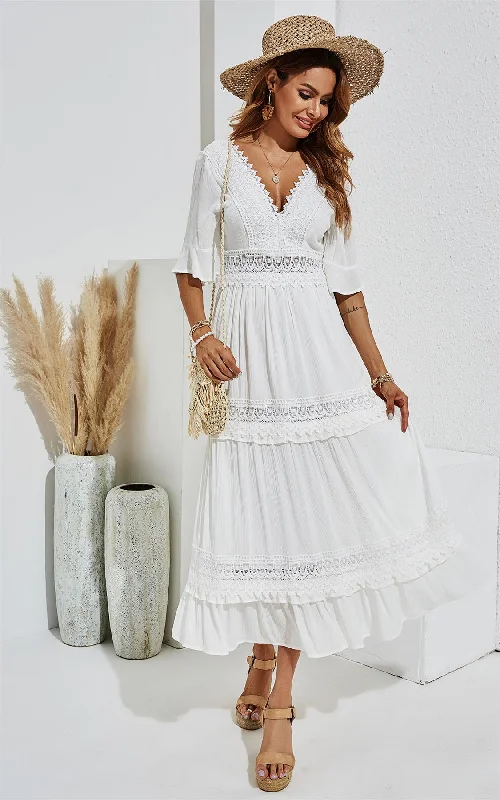 Double Sided V Neck White Lace Dress In Ivory White Lace Dress Design