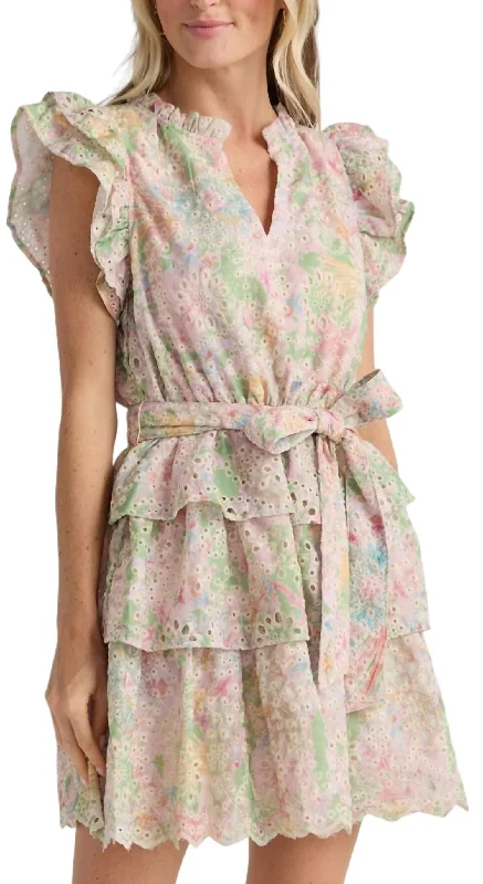 Print Eyelet Lace Tiered Dress In Pink Green Lace Dress with Belt