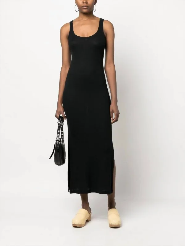 Lyocell Cotton Rib Tank Dress W/ Slits In Black Relaxed Fit Tank Dress